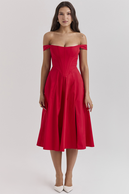 Dropped Shoulder Corset A-Line Slit Solid Color Midi Dresses-Red-Hayhty.All Rights Reserved.