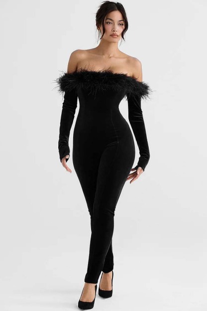 Off Shoulder Feather Trim Long Sleeve Velvet Jumpsuit-Hayhty.All Rights Reserved.