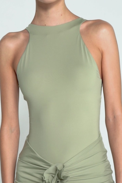 3D Flower Decor Slim Fit Ruched Sleeveless Maxi Dresses-Green-Hayhty.All Rights Reserved.