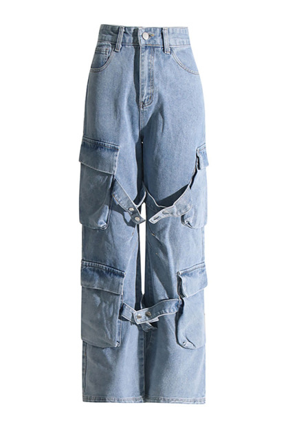 Straight Leg Pockets Daily Denim Jeans-Blue-Hayhty.All Rights Reserved.