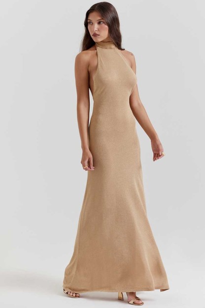 Stand Collar Backless High Slit Party Maxi Dresses-Khaki-Hayhty.All Rights Reserved.
