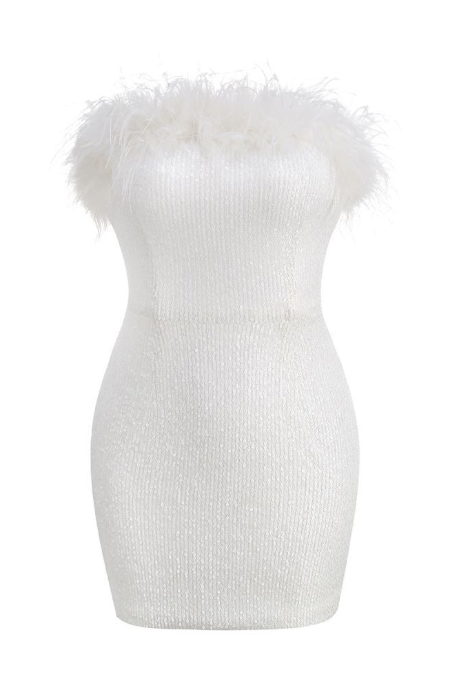 Sequin Strapless Feather Trim Bodycon Mini Party Dresses-Hayhty.All Rights Reserved.
