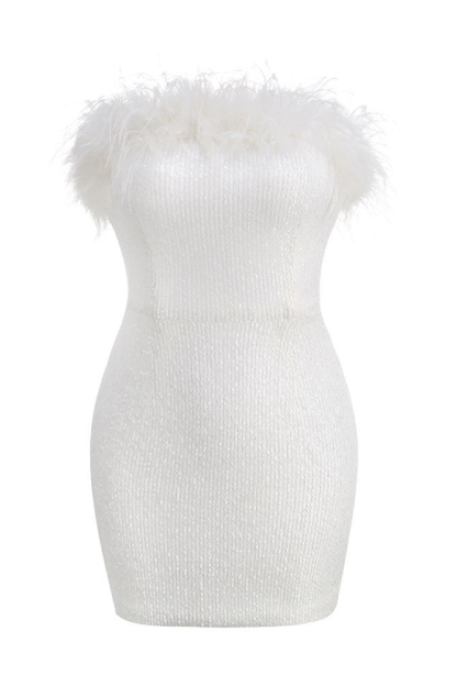 Sequin Strapless Feather Trim Bodycon Mini Party Dresses-Hayhty.All Rights Reserved.