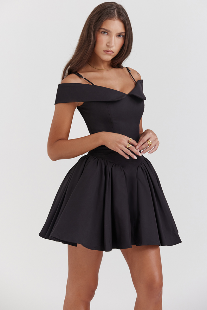 Cold Shoulder Corset A-Line Pleated Hem Cocktail Party Slip Mini Dresses-Black-Hayhty.All Rights Reserved.
