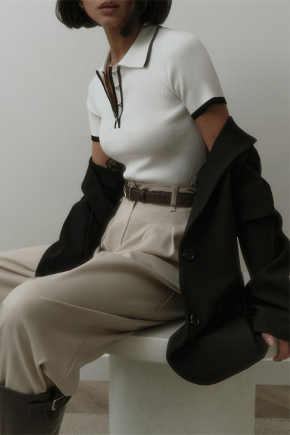 Short Sleeve Turndown Collar Half Button-Up Colorblock Trim Knit Top-White-Hayhty.All Rights Reserved.