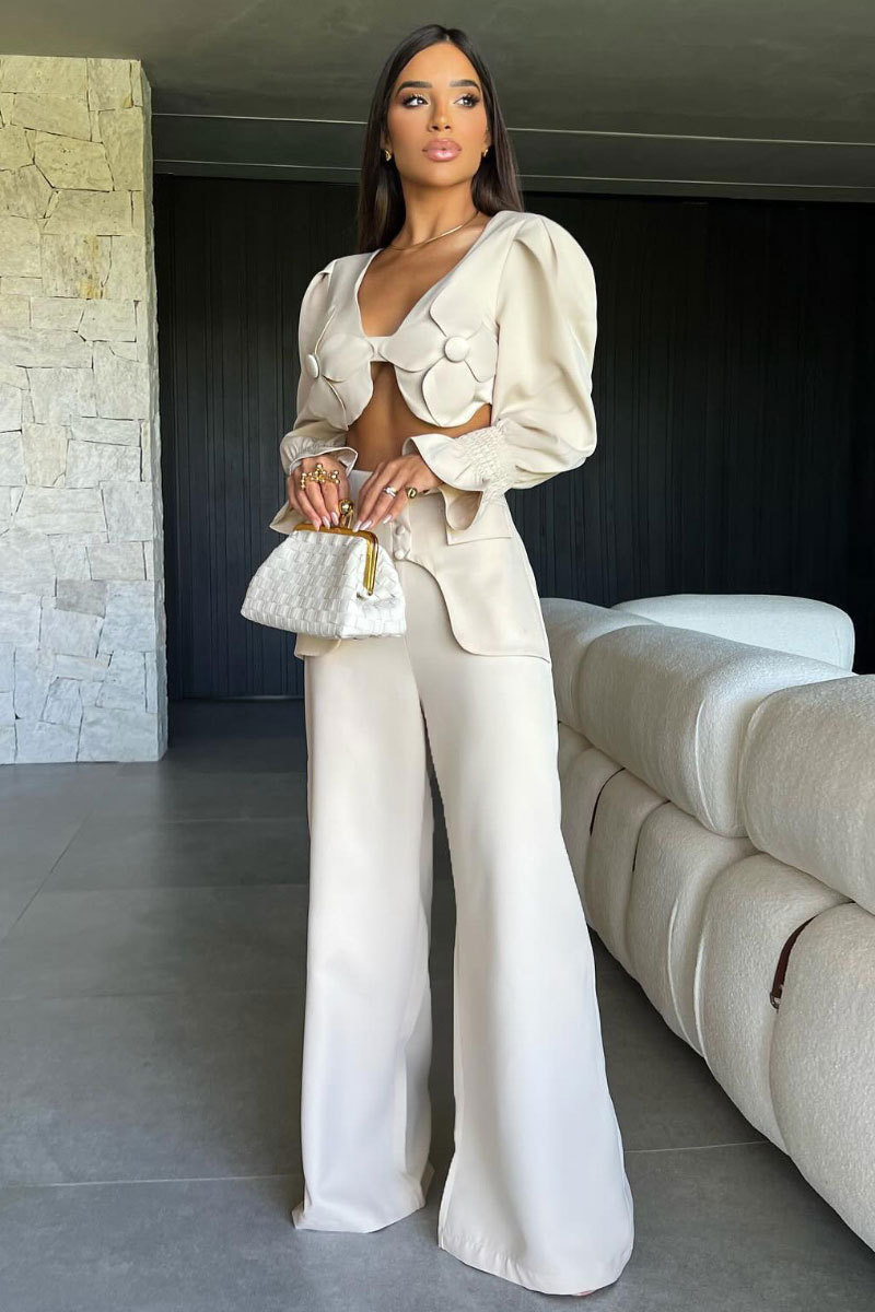 Floral Patchwork V Neck Crop Top High Waist Wide Leg Pants 2pcs Set-Beige-Hayhty.All Rights Reserved.