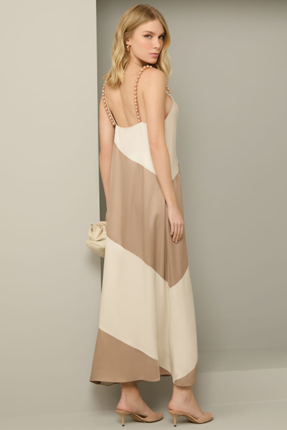 Colorblock Loose Fit Side Slit Pearls Cami Maxi Dresses-Brown-Hayhty.All Rights Reserved.