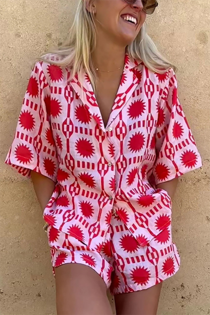 Graphic Print Half Sleeve Blouse Vacation Shorts Matching Set-Pink-Hayhty.All Rights Reserved.
