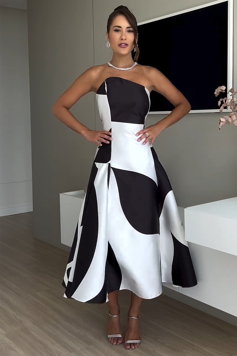 Colorblock Strapless A-Line Cocktail Party Midi Dresses-Black-Hayhty.All Rights Reserved.