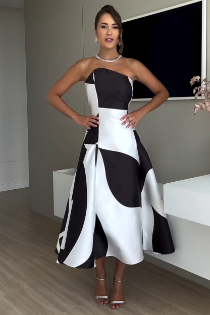 Colorblock Strapless A-Line Cocktail Party Midi Dresses-Black-Hayhty.All Rights Reserved.