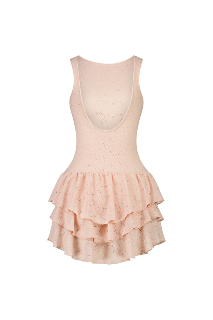 Hollow Out Tiered Ruffled Hem Backless Knit Mini Tank Dresses-Pink-Hayhty.All Rights Reserved.