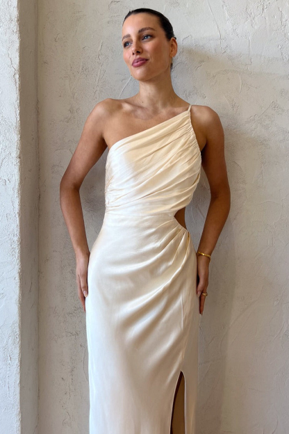One Shoulder High Slit Ruched Evening Gown Cami Maxi Dress-Hayhty.All Rights Reserved.