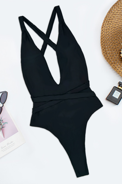 Deep V Neck Crossover Backless Tie Up One-Piece Swimsuit-Orange-Hayhty.All Rights Reserved.