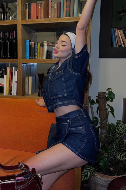 Denim Short Sleeve Pockets Crop Blouse Asymmetrical Skort Matching Set-Navy-Hayhty.All Rights Reserved.