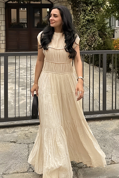 Sleeveless Ruched A-Line Flowy Maxi Dresses-Beige-Hayhty.All Rights Reserved.