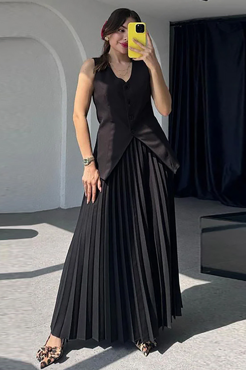 V Neck Button Up Slit Vest Pleated Maxi Skirt Matching Set-White-Hayhty.All Rights Reserved.