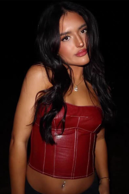PU Leather Back Lace Up Strapless Crop Corset-Burgundy-Hayhty.All Rights Reserved.