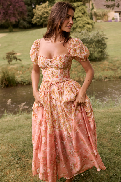 Floral Print Puff Sleeve Cinch Waist Colorblock Midi Dresses-Orange-Hayhty.All Rights Reserved.