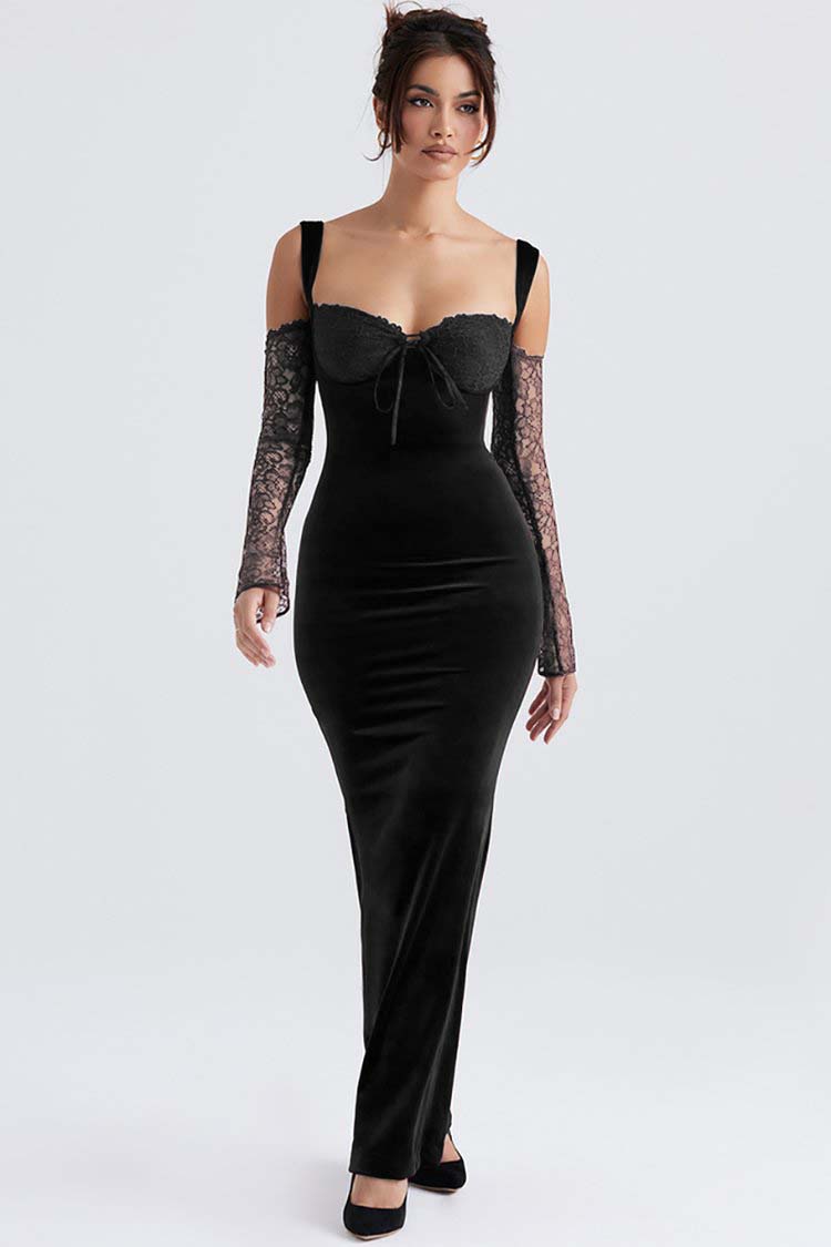 Cold Shoulder Lace Sleeve Bodycon Velvet Formal Party Maxi Dresses-Hayhty.All Rights Reserved.