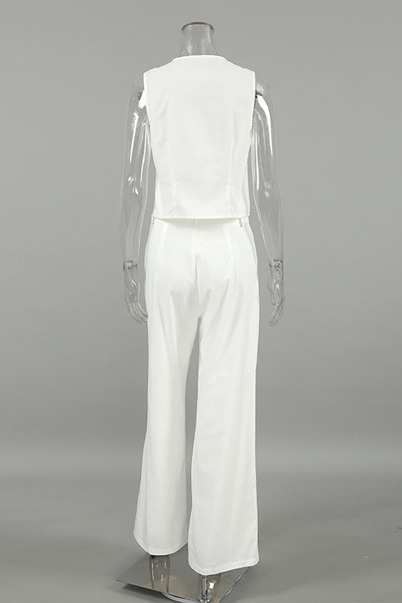 V Neck Button Up Crop Vest Plain Wide Leg Pants Matching Set-White-Hayhty.All Rights Reserved.