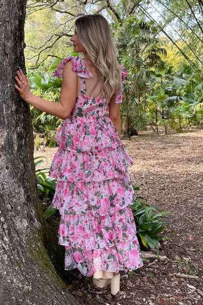 Floral Print Tie Up Cami Tiered Ruffled Hem Midi Dresses-Pink-Hayhty.All Rights Reserved.