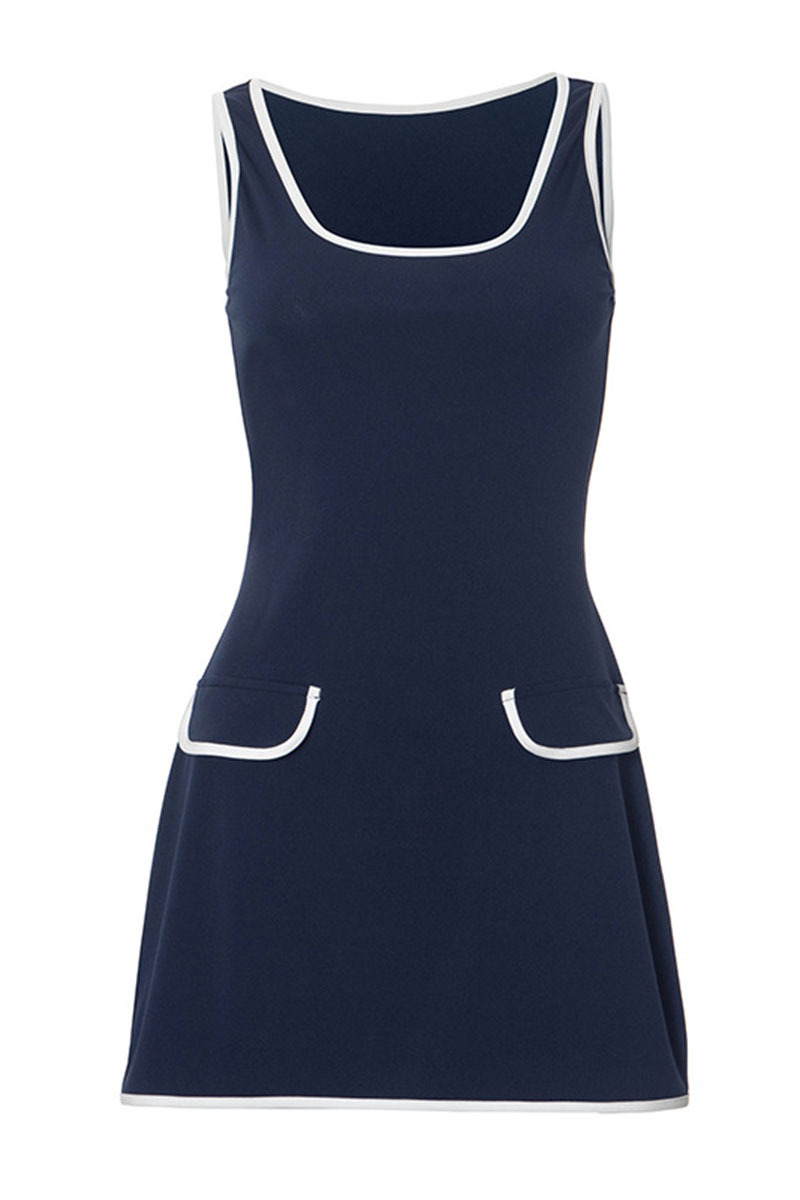 U Neck Colorblock Trim Cinch Waist Sleeveless Daily Mini Dresses-Navy-Hayhty.All Rights Reserved.