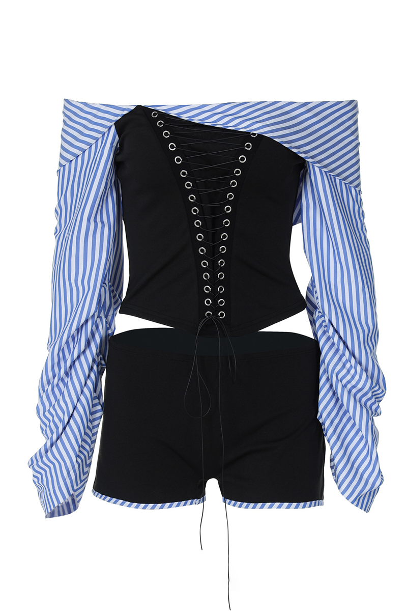 Striped Patchwork Ruched Long Sleeve Lace Up Crop Top Shorts Matching Set-Black-Hayhty.All Rights Reserved.