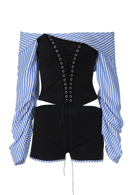 Striped Patchwork Ruched Long Sleeve Lace Up Crop Top Shorts Matching Set-Black-Hayhty.All Rights Reserved.