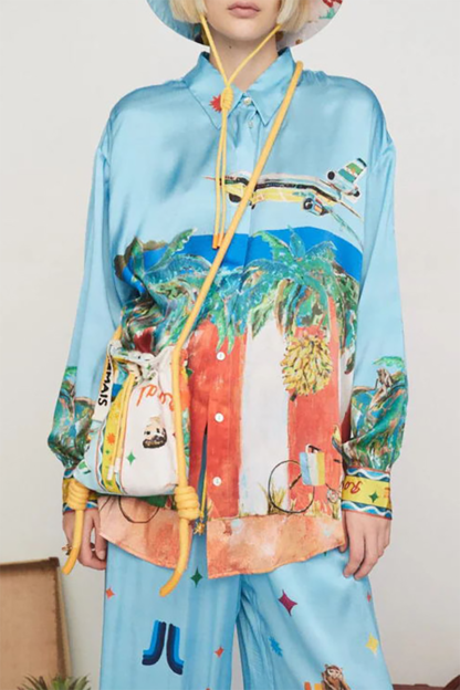 Vacation Mixed Print Turndown Collar Blouse Wide Leg Pants Matching Set-Blue-Hayhty.All Rights Reserved.