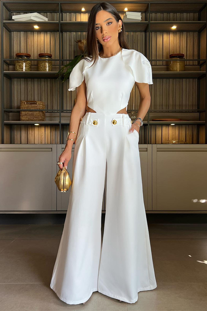 Round Neck Flutter Sleeve Cutout Wide Leg Jumpsuit-White-Hayhty.All Rights Reserved.