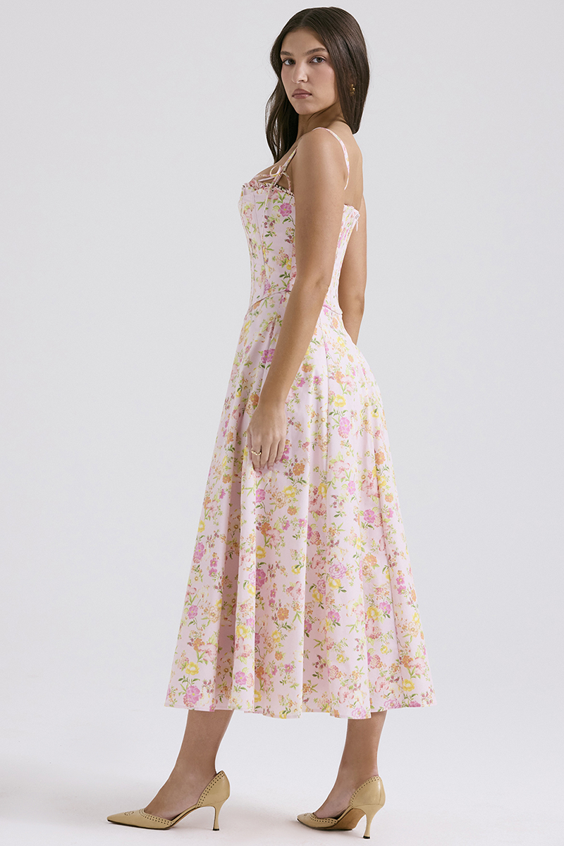 Floral Print Cami Corset A-Line Midi Dresses-Pink-Hayhty.All Rights Reserved.