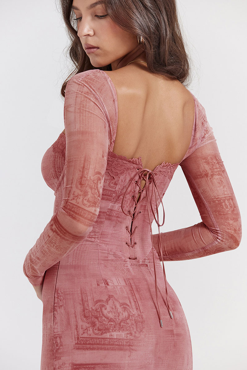 Mesh Pattern Print Square Neck Corset Long Sleeve Slim Fit Midi Dresses - Red-Hayhty.All Rights Reserved.