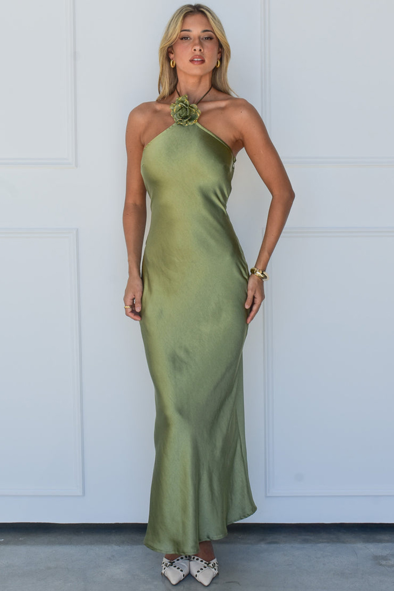 Halter Rosette Decor Open Back Slim Fit Satin Maxi Dresses-Green-Hayhty.All Rights Reserved.