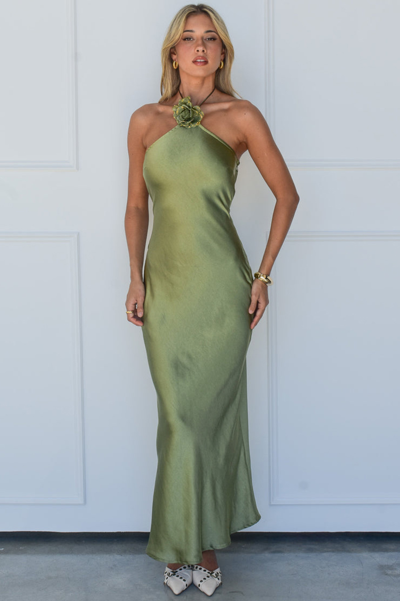 Halter Rosette Decor Open Back Slim Fit Satin Maxi Dresses-Green-Hayhty.All Rights Reserved.