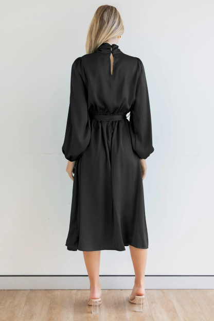 Ruched Knotted Long Sleeve Satin Midi Dresses-Hayhty.All Rights Reserved.