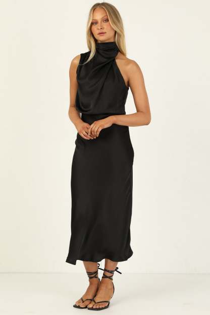 Turtleneck Sleeveless Satin Midi Dresses-Hayhty.All Rights Reserved.