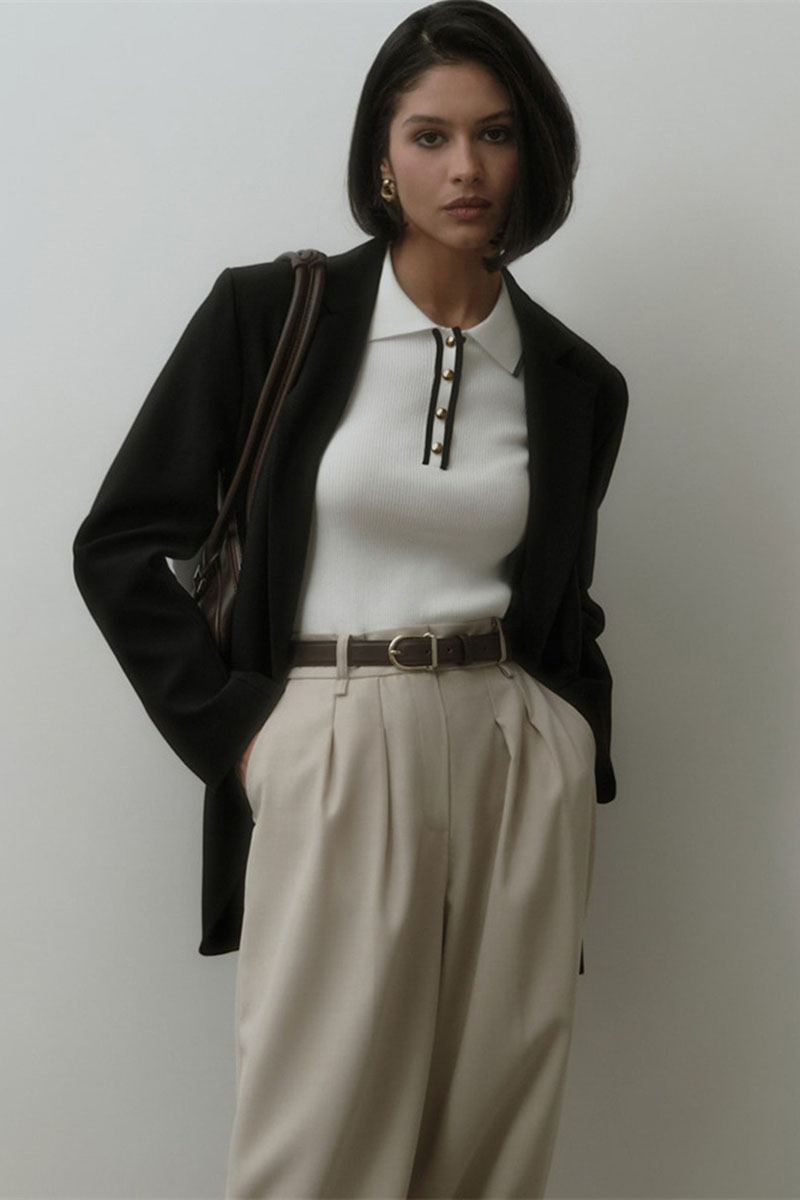 Short Sleeve Turndown Collar Half Button-Up Colorblock Trim Knit Top-White-Hayhty.All Rights Reserved.