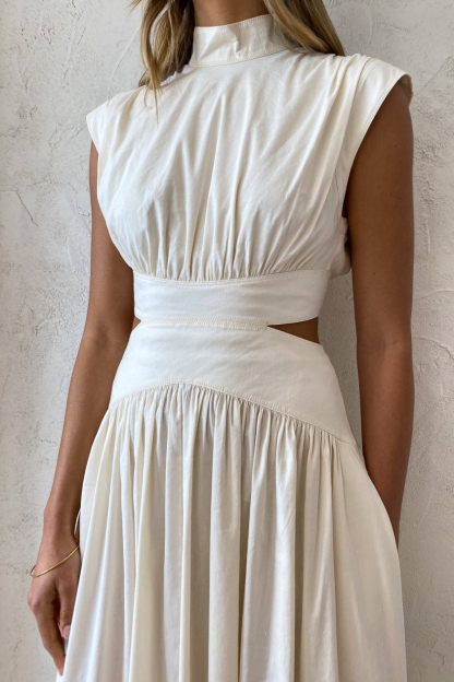 Stand Collar Sleeveless Open Waist Dress Maxi Dresses-Hayhty.All Rights Reserved.