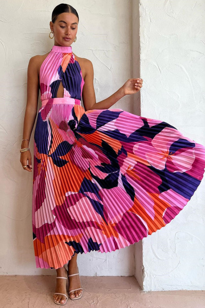 Halter Backless Floral Print Pleated Sleeveless Maxi Dresses-Hayhty.All Rights Reserved.