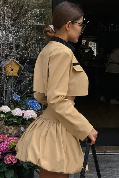 Mock Neck Crop Jacket Cinch Waist Bubbled Hem Mini Skirt Matching Set-Khaki-Hayhty.All Rights Reserved.