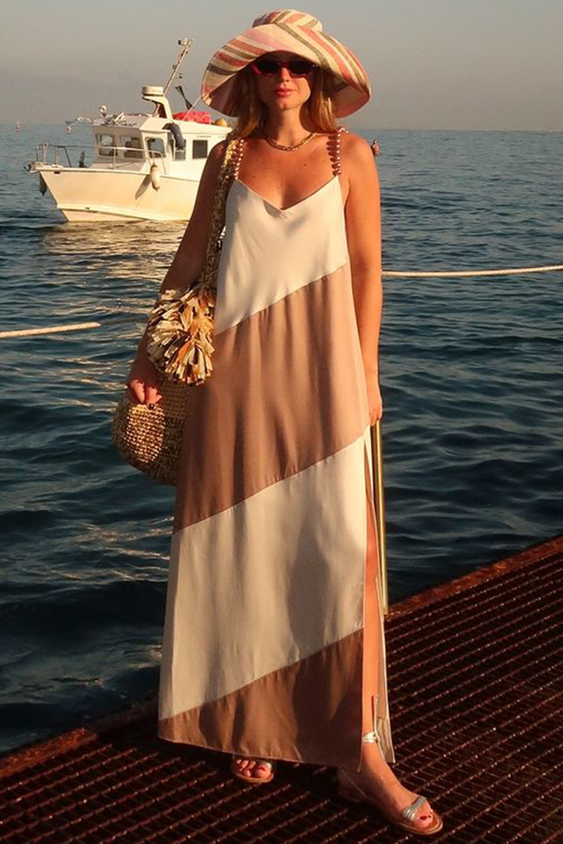 Colorblock Loose Fit Side Slit Pearls Cami Maxi Dresses-Brown-Hayhty.All Rights Reserved.