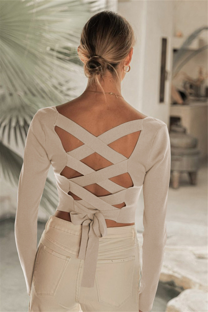 Square Neck Back Lace Up Tied Slim Top-Hayhty.All Rights Reserved.