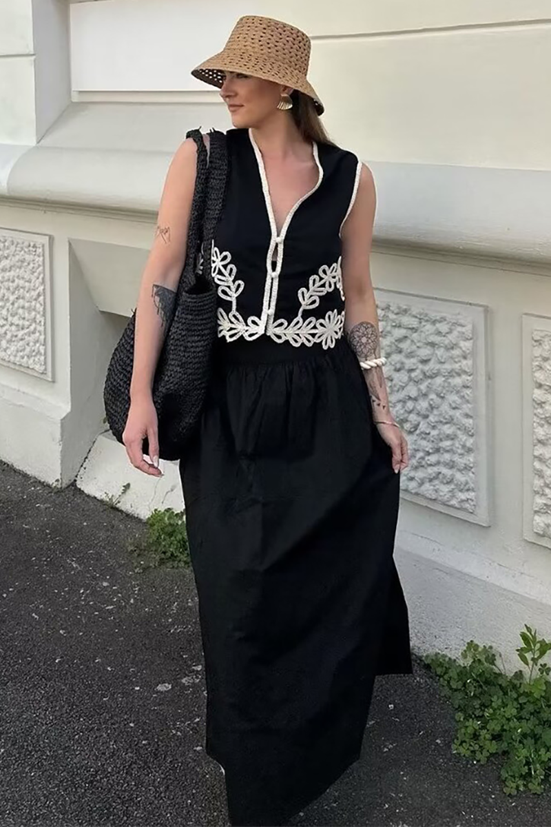 Embroidery V Neck Vest Wide Leg Pants Matching Set-Black-Hayhty.All Rights Reserved.