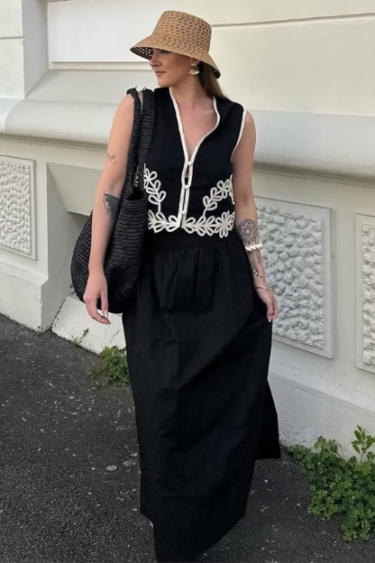 Embroidery V Neck Vest Wide Leg Pants Matching Set-Black-Hayhty.All Rights Reserved.