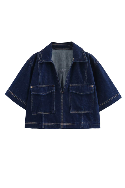 Denim Short Sleeve Pockets Crop Blouse Asymmetrical Skort Matching Set-Navy-Hayhty.All Rights Reserved.