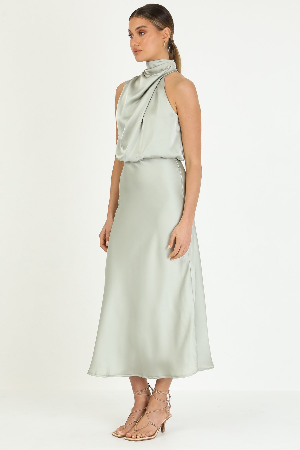 Turtleneck Sleeveless Satin Midi Dresses-Hayhty.All Rights Reserved.