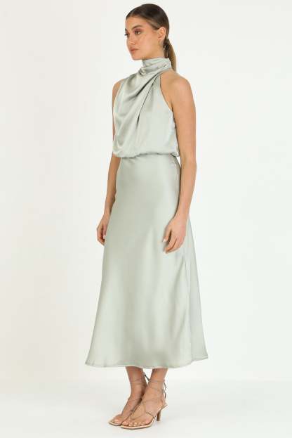 Turtleneck Sleeveless Satin Midi Dresses-Hayhty.All Rights Reserved.