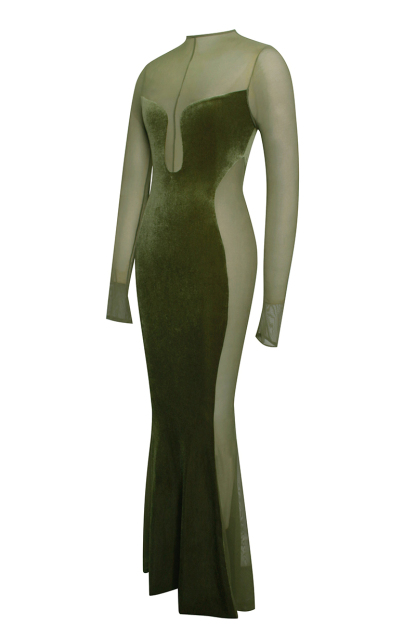 Velvet Mesh Patchwork Long Sleeve Gown Maxi Dresses-Hayhty.All Rights Reserved.