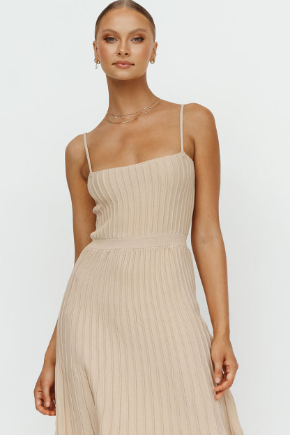 Knit Boat Neck Spaghetti Strap A-Line Vacation Midi Dress-Hayhty.All Rights Reserved.