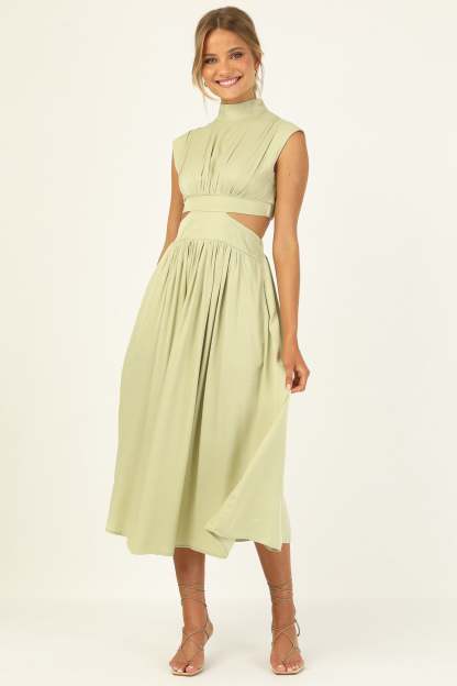 Stand Collar Sleeveless Open Waist Dress Maxi Dresses-Hayhty.All Rights Reserved.